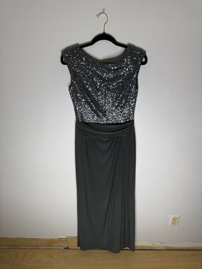 Lauren Ralph Lauren Silver Sequin Bodice with Charcoal Skirt Maxi Dress Size 10